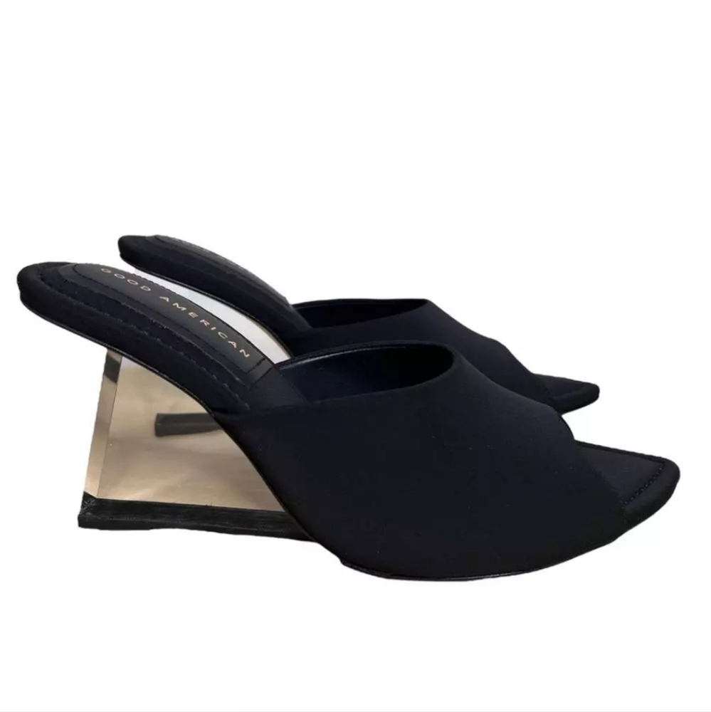 Good American Black Open-Toe Wedge Mules with Clear Sculptural Heel